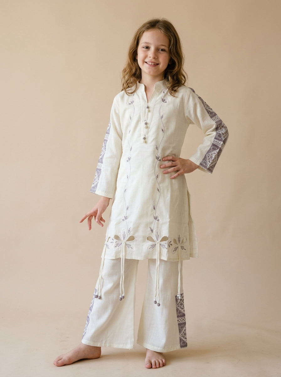 Cotton Embroidery Cut Work Kurti Set 1568 Cream