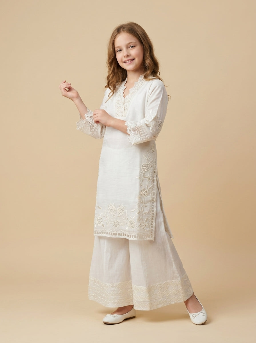 Georgette Embroidery Kurti Plazo set 1567 white