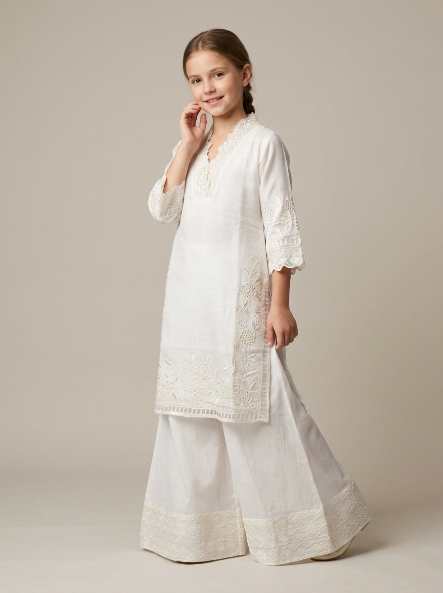 Georgette Embroidery Kurti Plazo set 1567 white