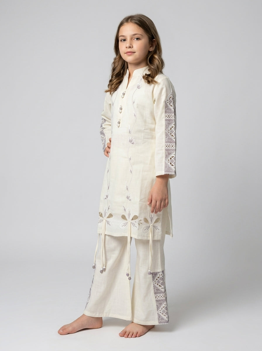 Cotton Embroidery Cut Work Kurti Set 1568 Cream