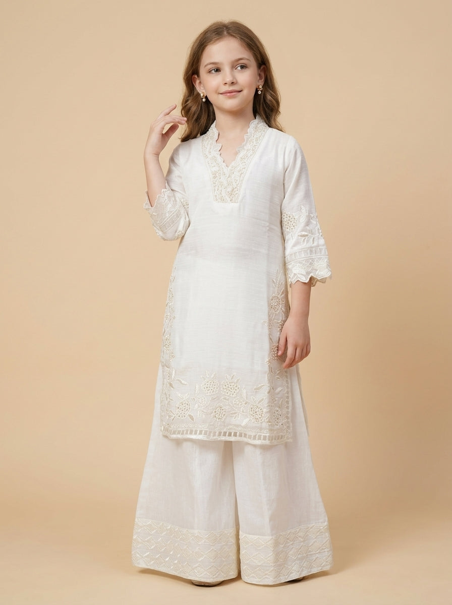 Georgette Embroidery Kurti Plazo set 1567 white