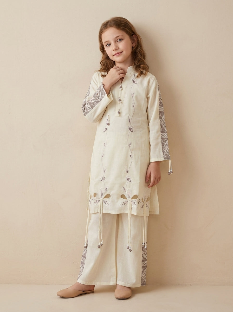 Cotton Embroidery Cut Work Kurti Set 1568 Cream