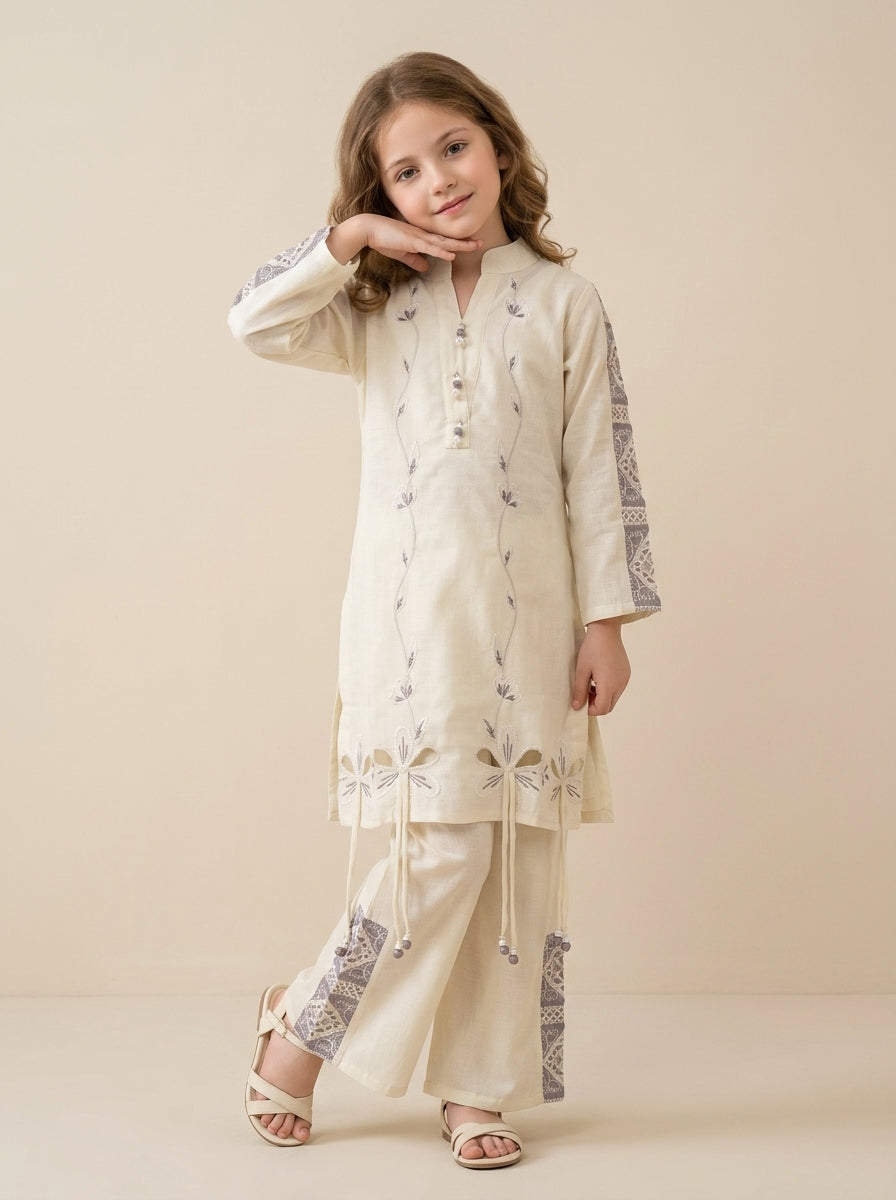 Cotton Embroidery Cut Work Kurti Set 1568 Cream