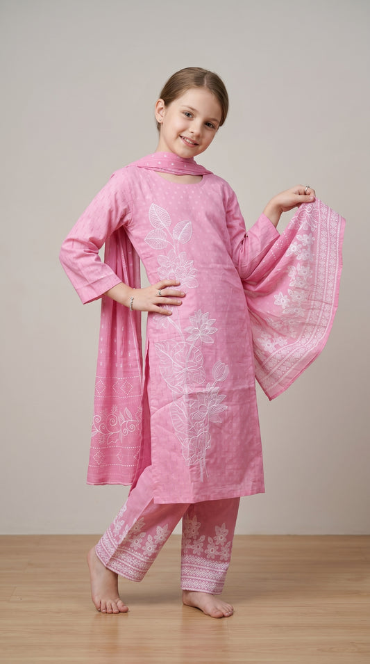 Cotton Embroidery Kurti Set 1584 Pink