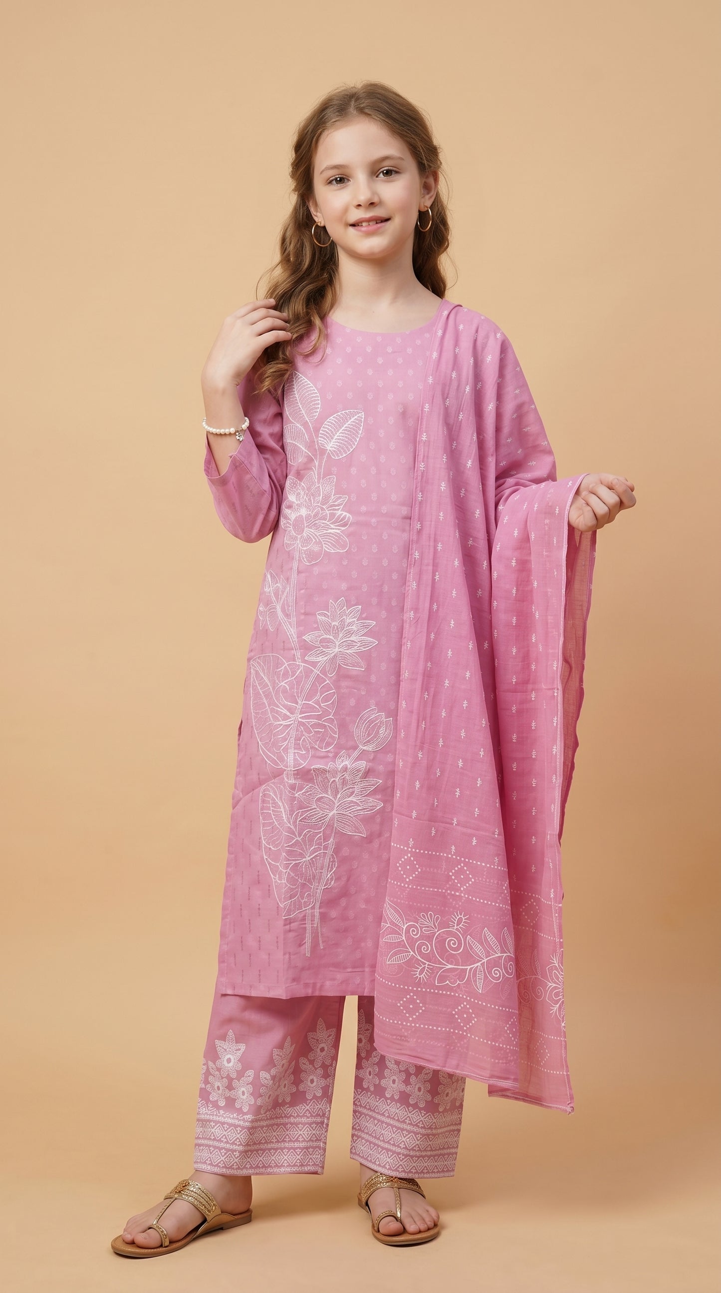 Cotton Embroidery Kurti Set 1584 Pink