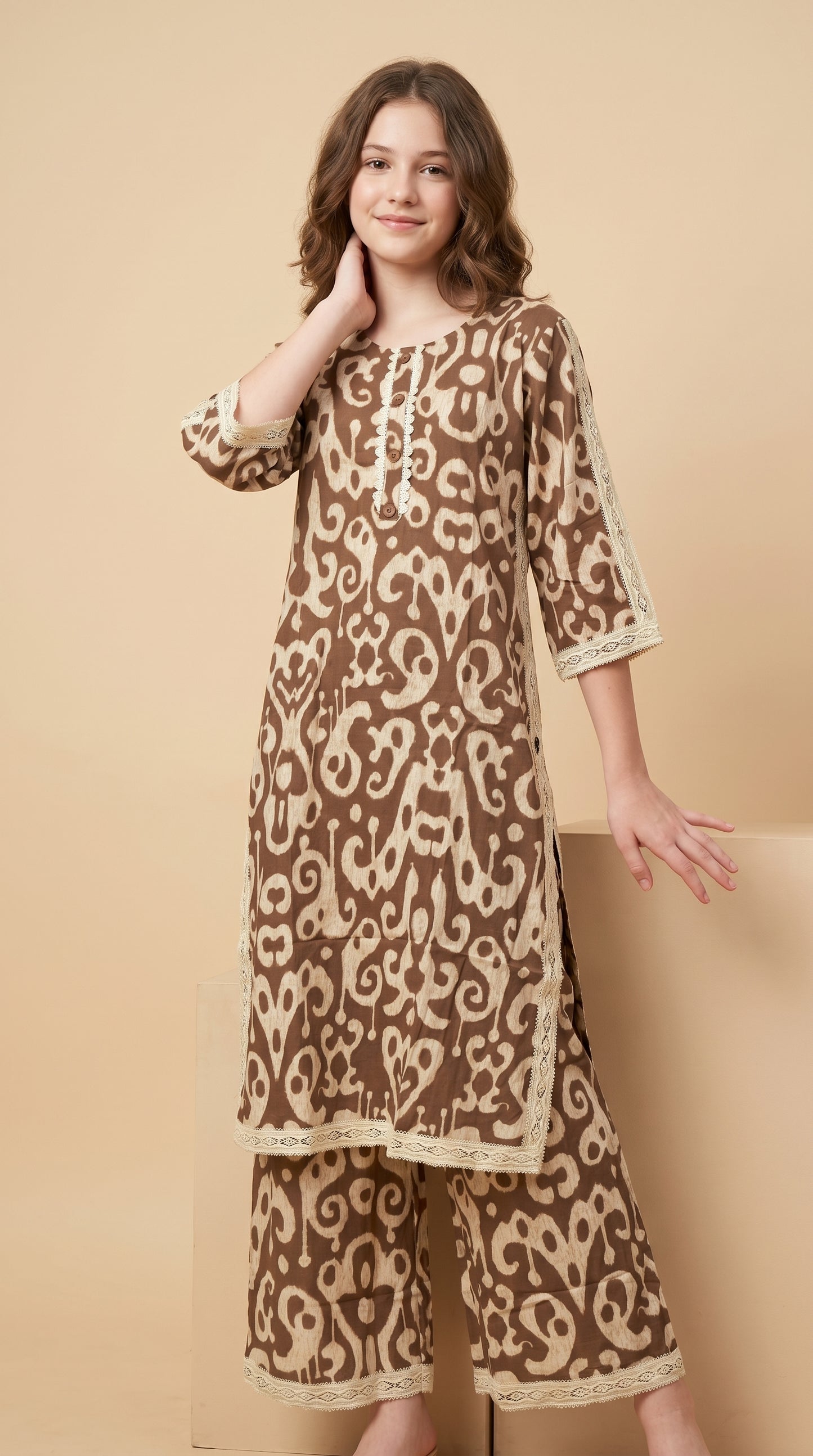 Cotton Printed Kurti Set 1585 Brown