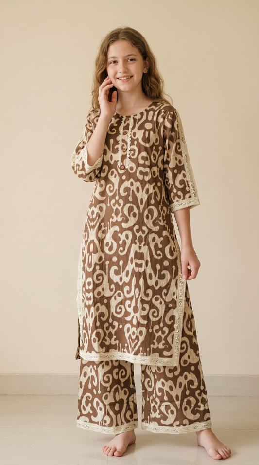 Cotton Printed Kurti Set 1585 Brown