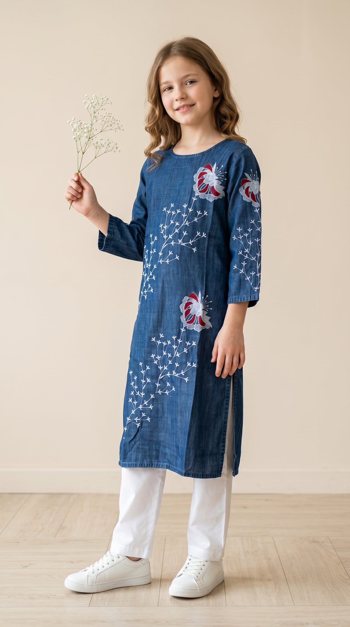 Cotton Embroidery Denim Kurti Set 1586 Blue