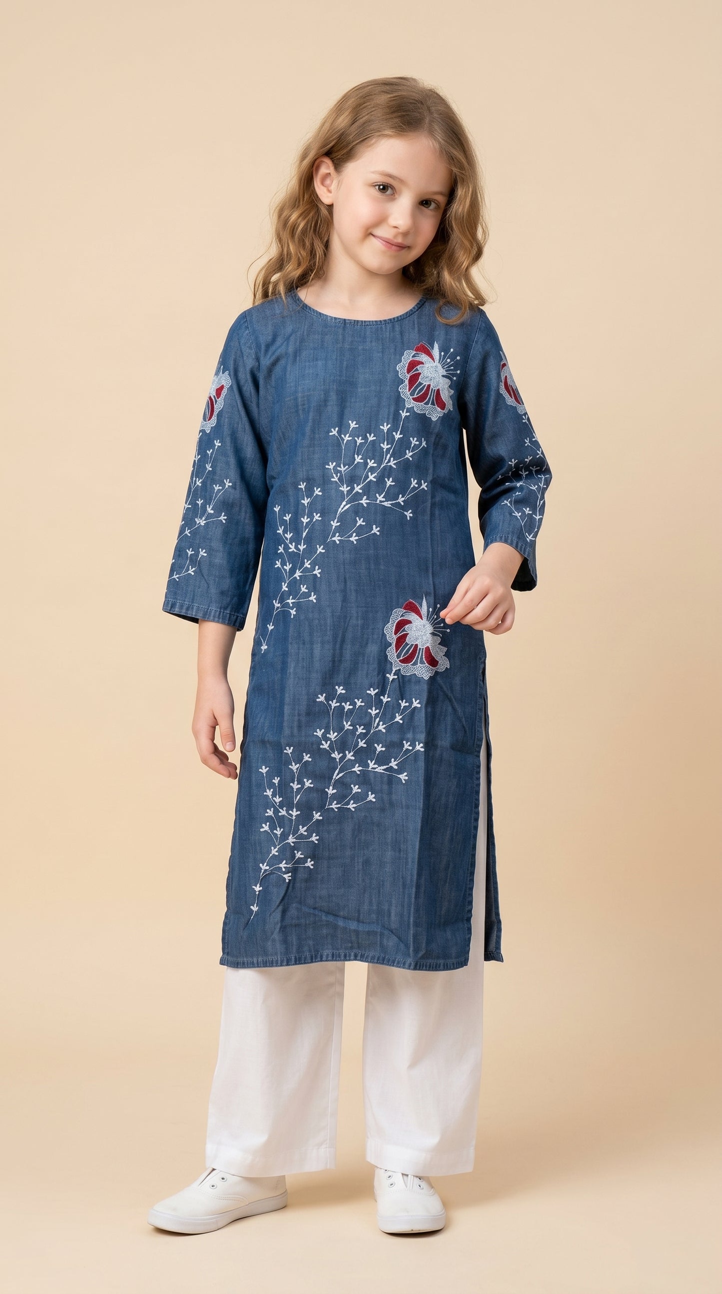 Cotton Embroidery Denim Kurti Set 1586 Blue