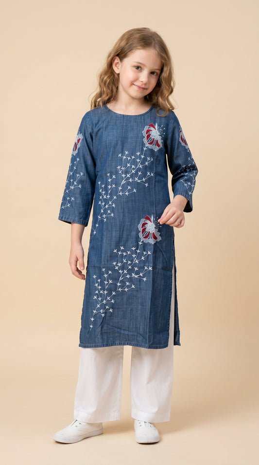 Cotton Embroidery Denim Kurti Set 1586 Blue