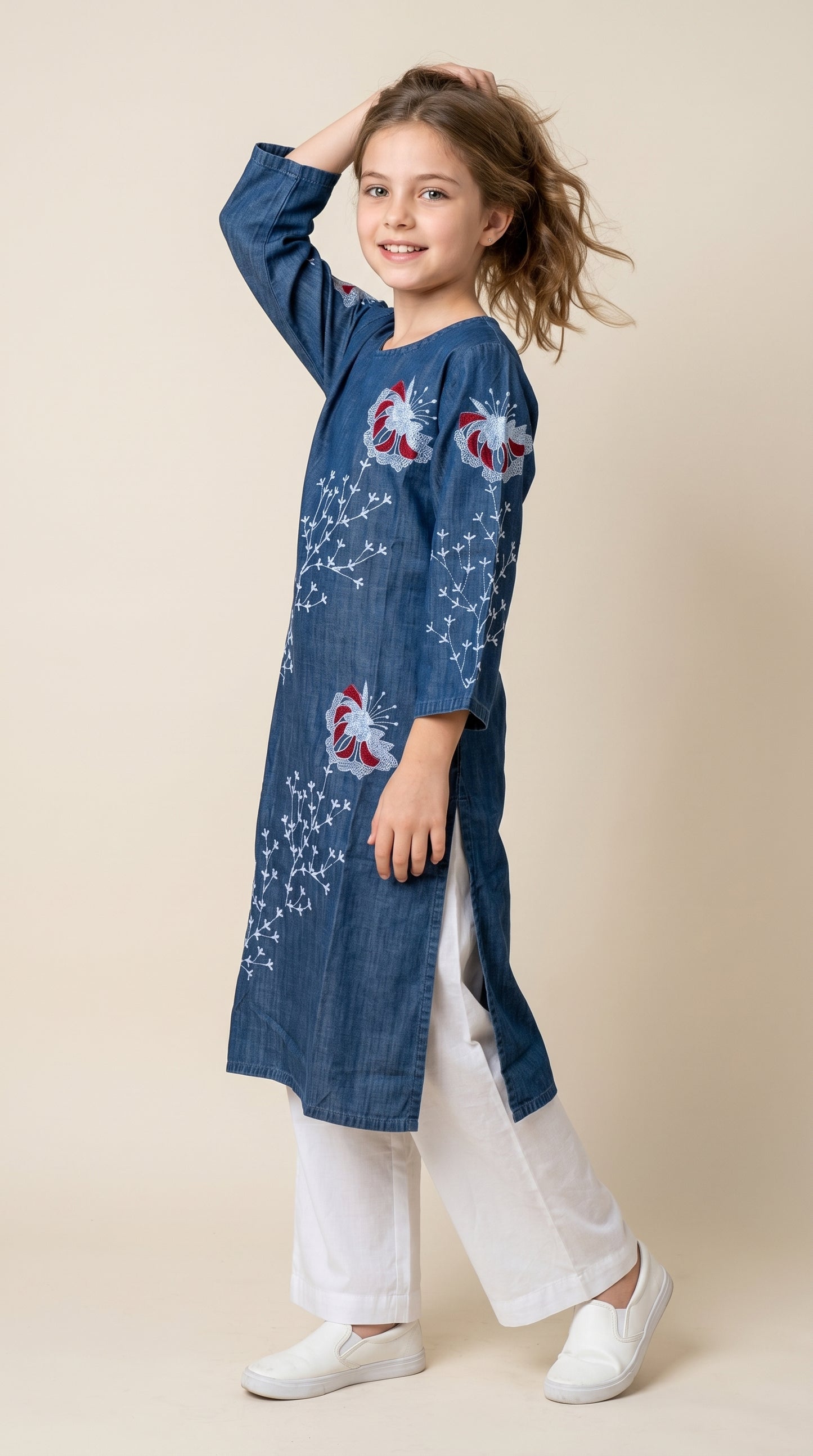Cotton Embroidery Denim Kurti Set 1586 Blue