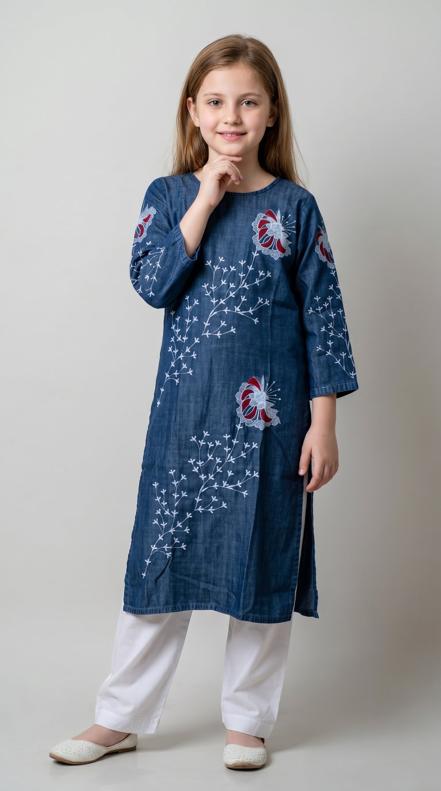 Cotton Embroidery Denim Kurti Set 1586 Blue