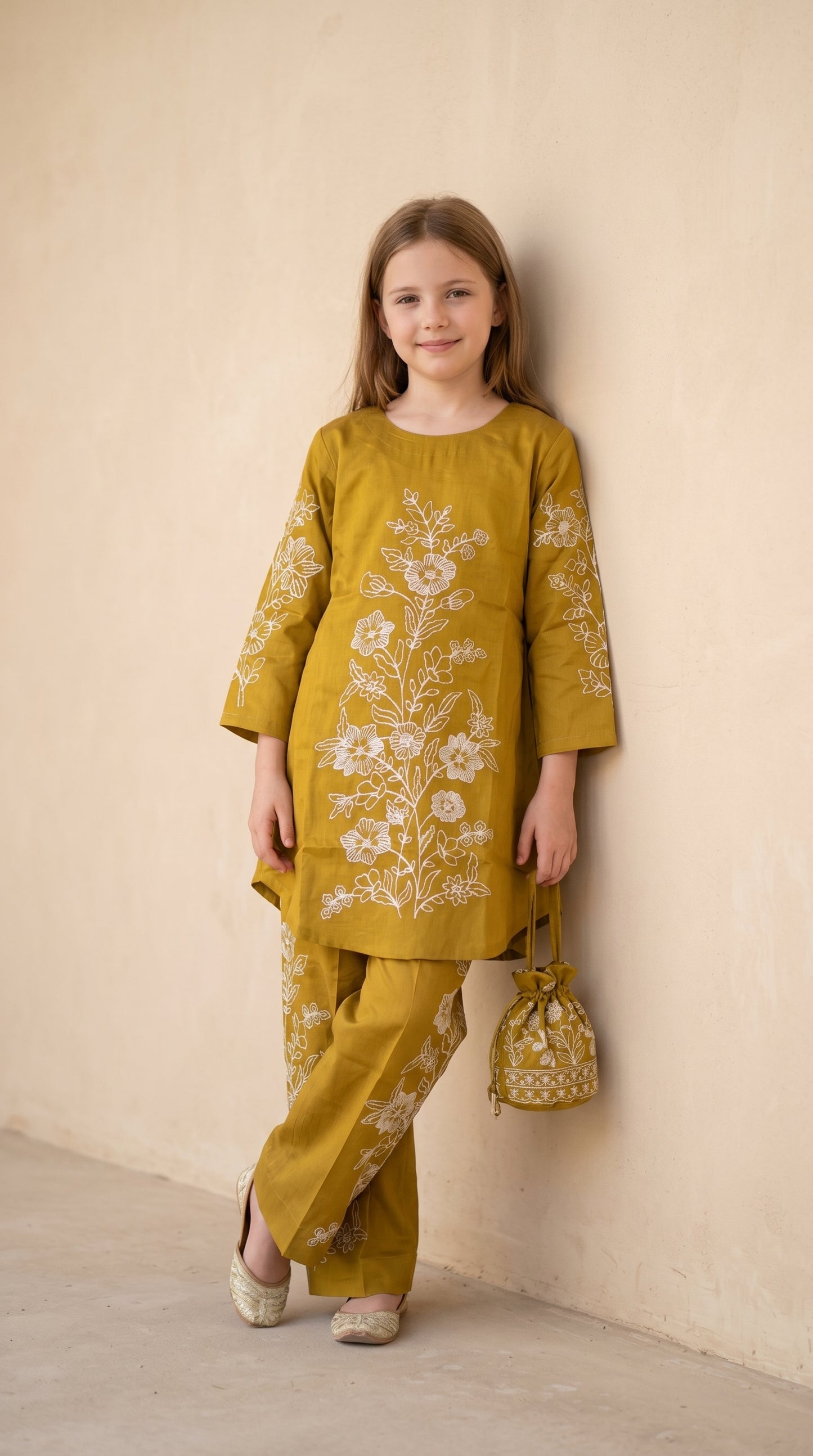 Cotton Embroidery Frock Set 1591 Yellow