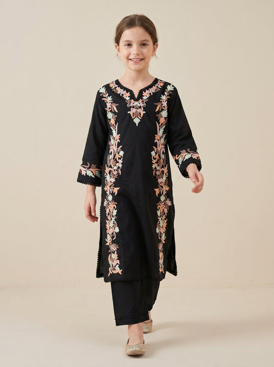 Cotton Embroidery Kurti Set 1595 Black