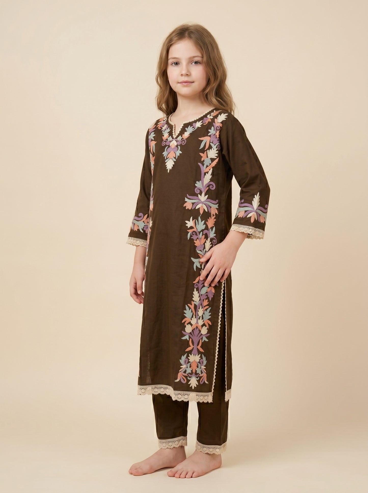 Cotton Embroidery Kurti Set 1597 Brown