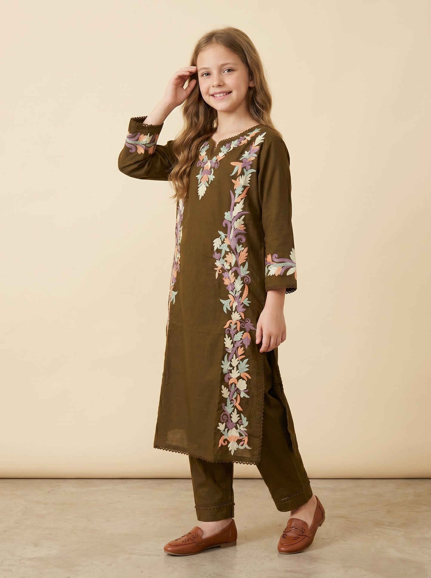 Cotton Embroidery Kurti Set 1597 Brown