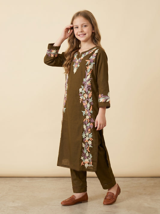 Cotton Embroidery Kurti Set 1597 Brown
