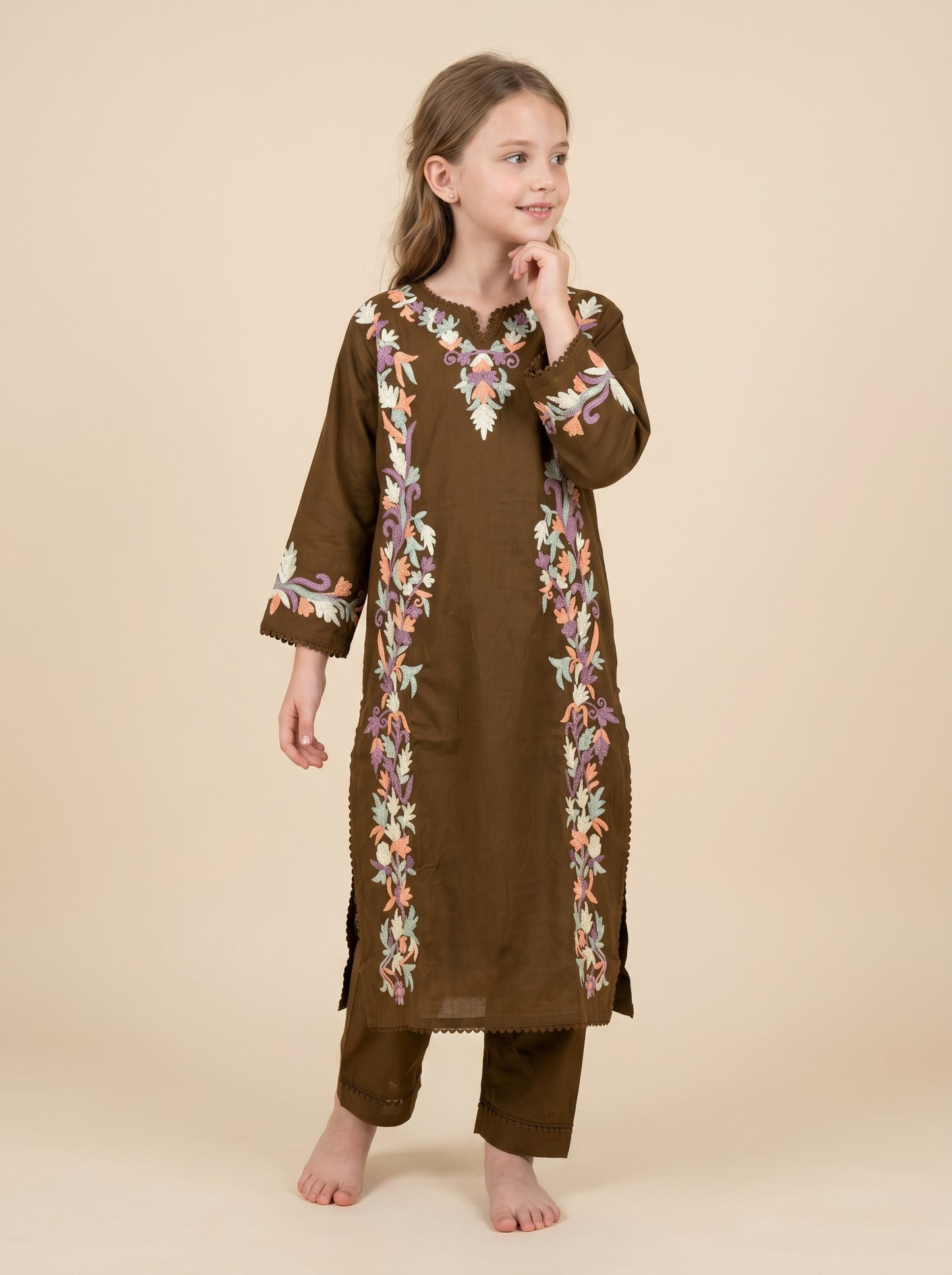 Cotton Embroidery Kurti Set 1597 Brown