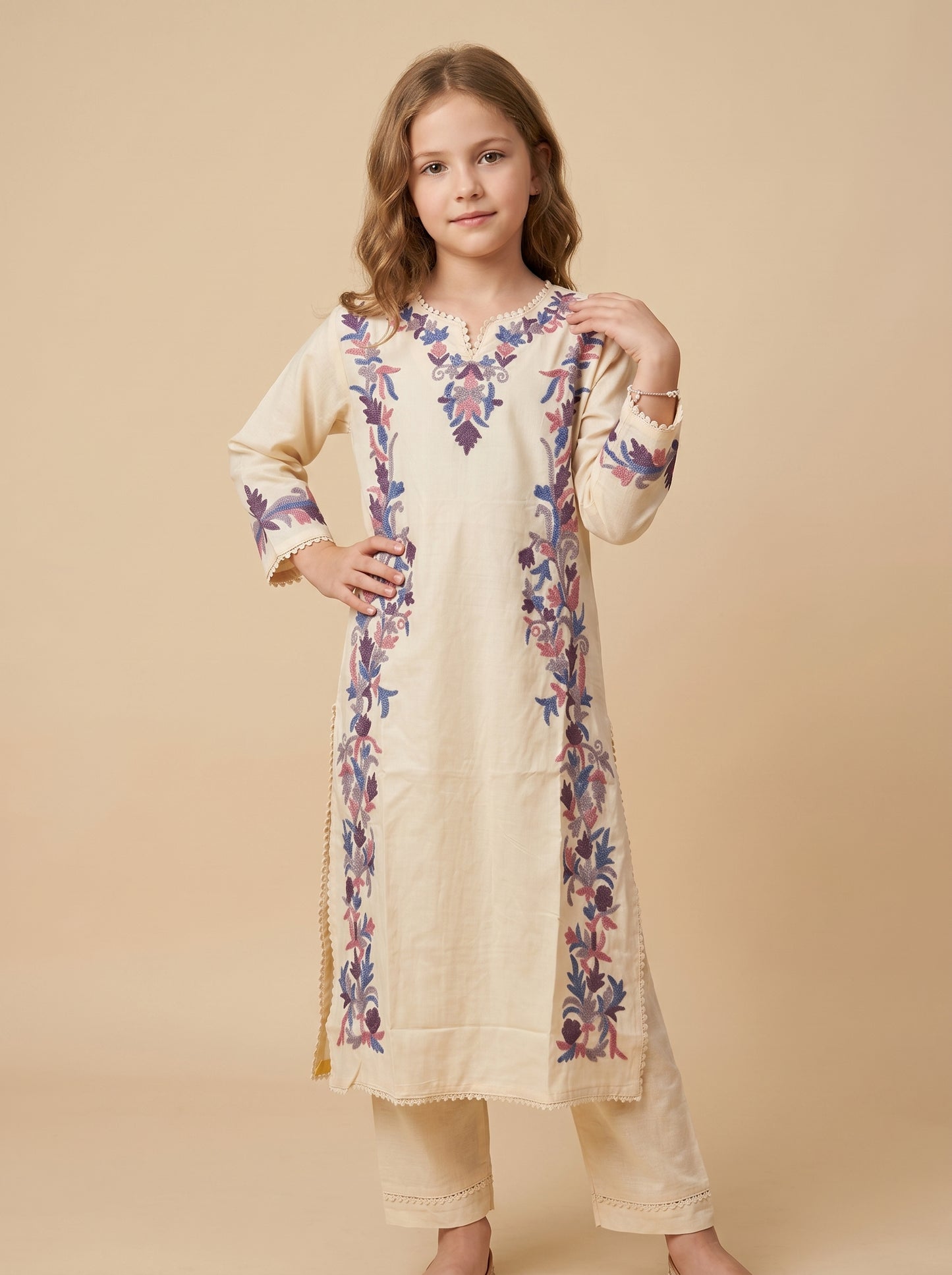 Cotton Embroidery Kurti set 1599 Cream