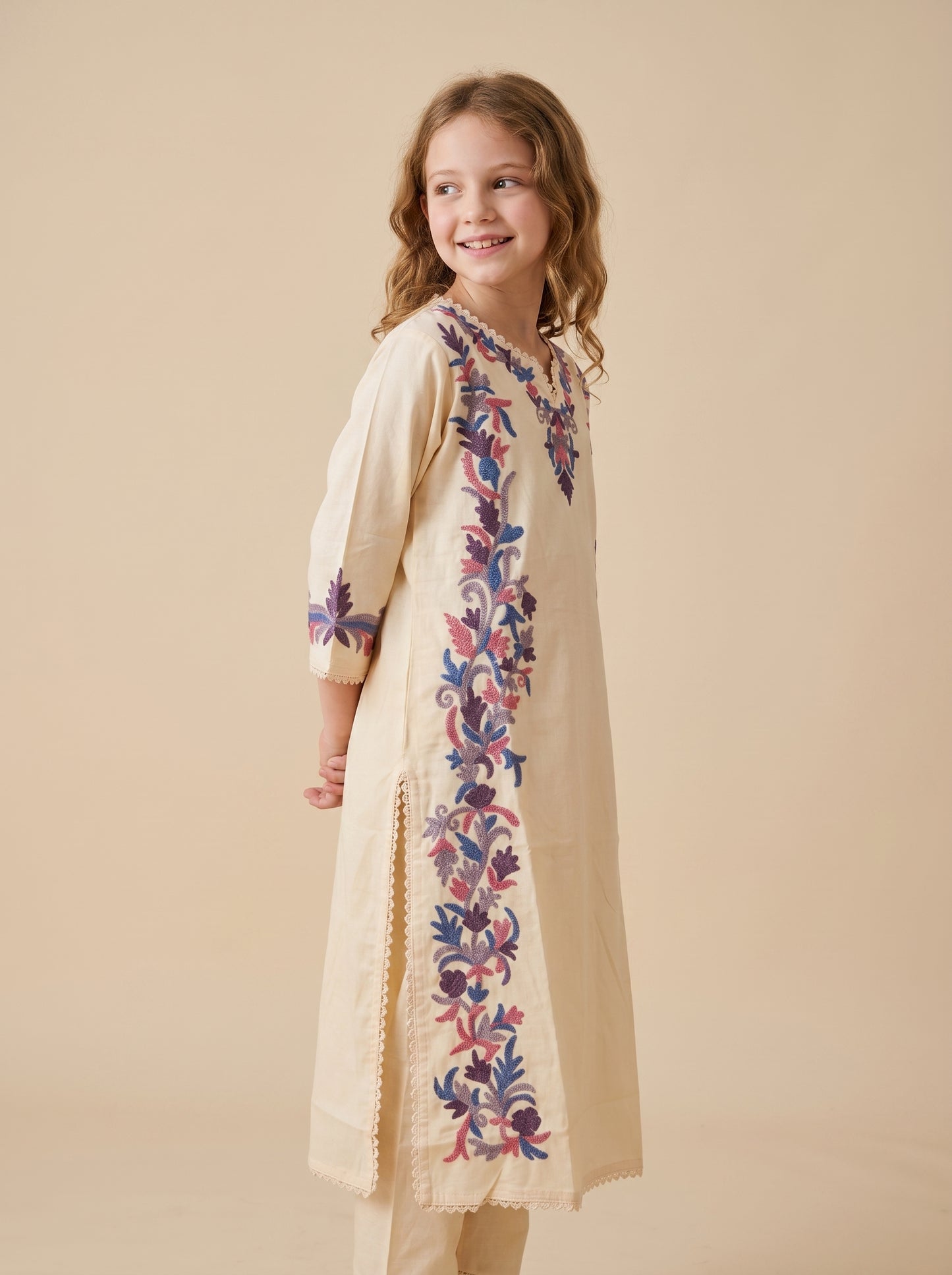 Cotton Embroidery Kurti set 1599 Cream