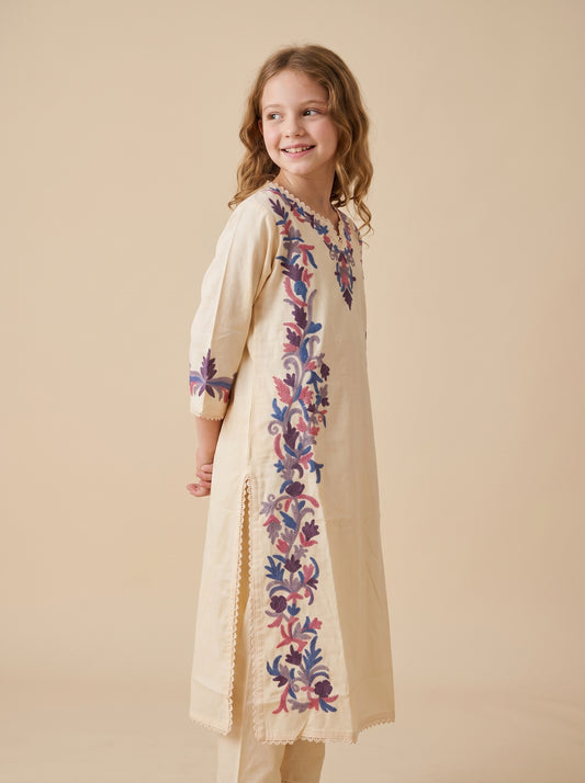 Cotton Embroidery Kurti set 1599 Cream