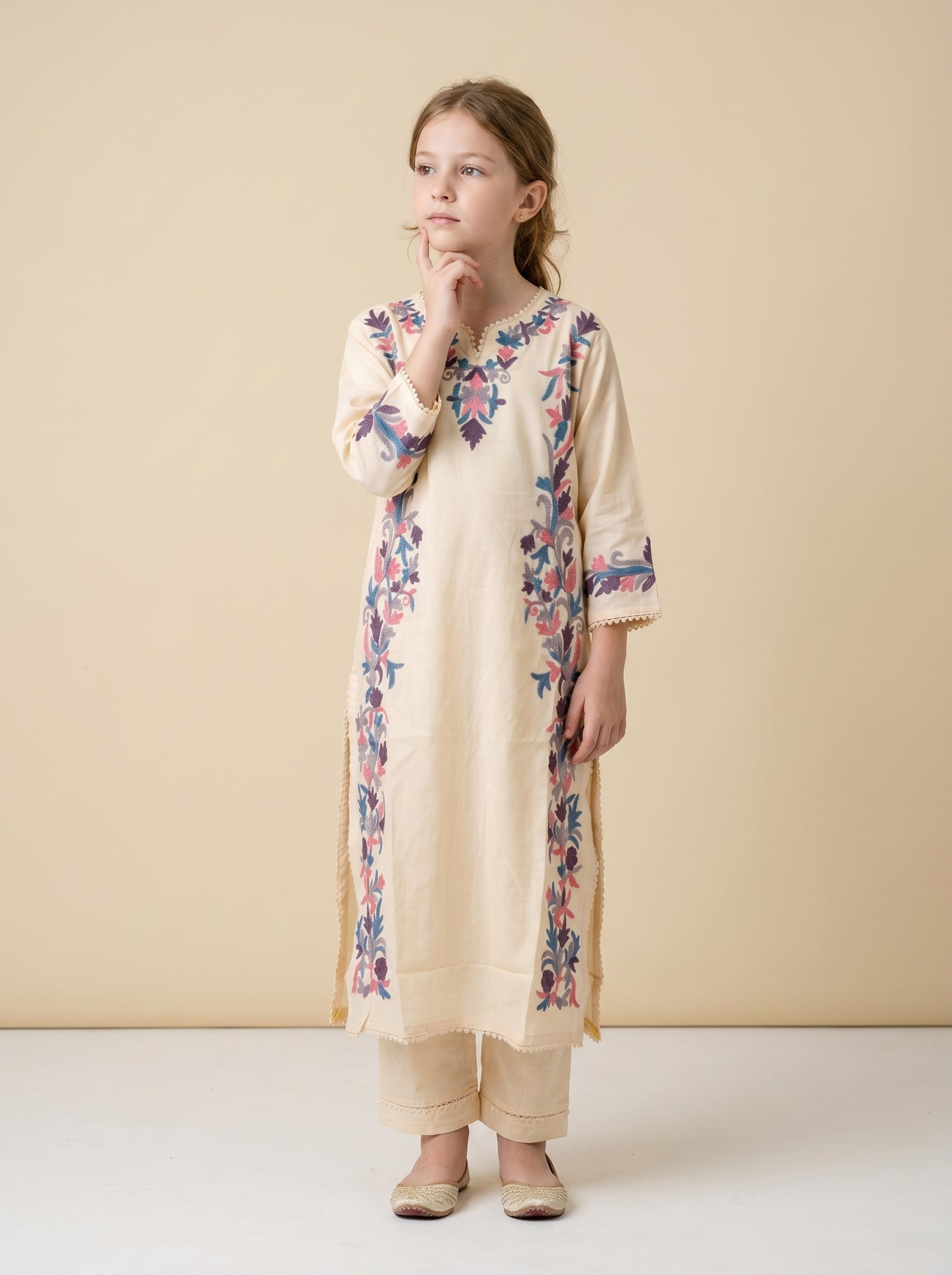 Cotton Embroidery Kurti set 1599 Cream