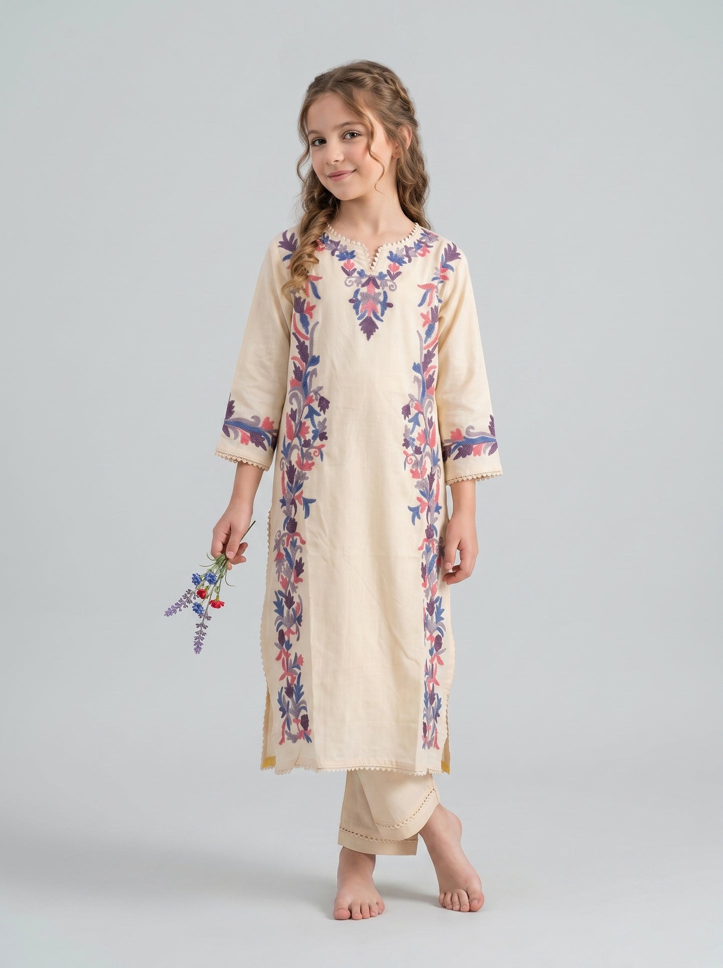 Cotton Embroidery Kurti set 1599 Cream