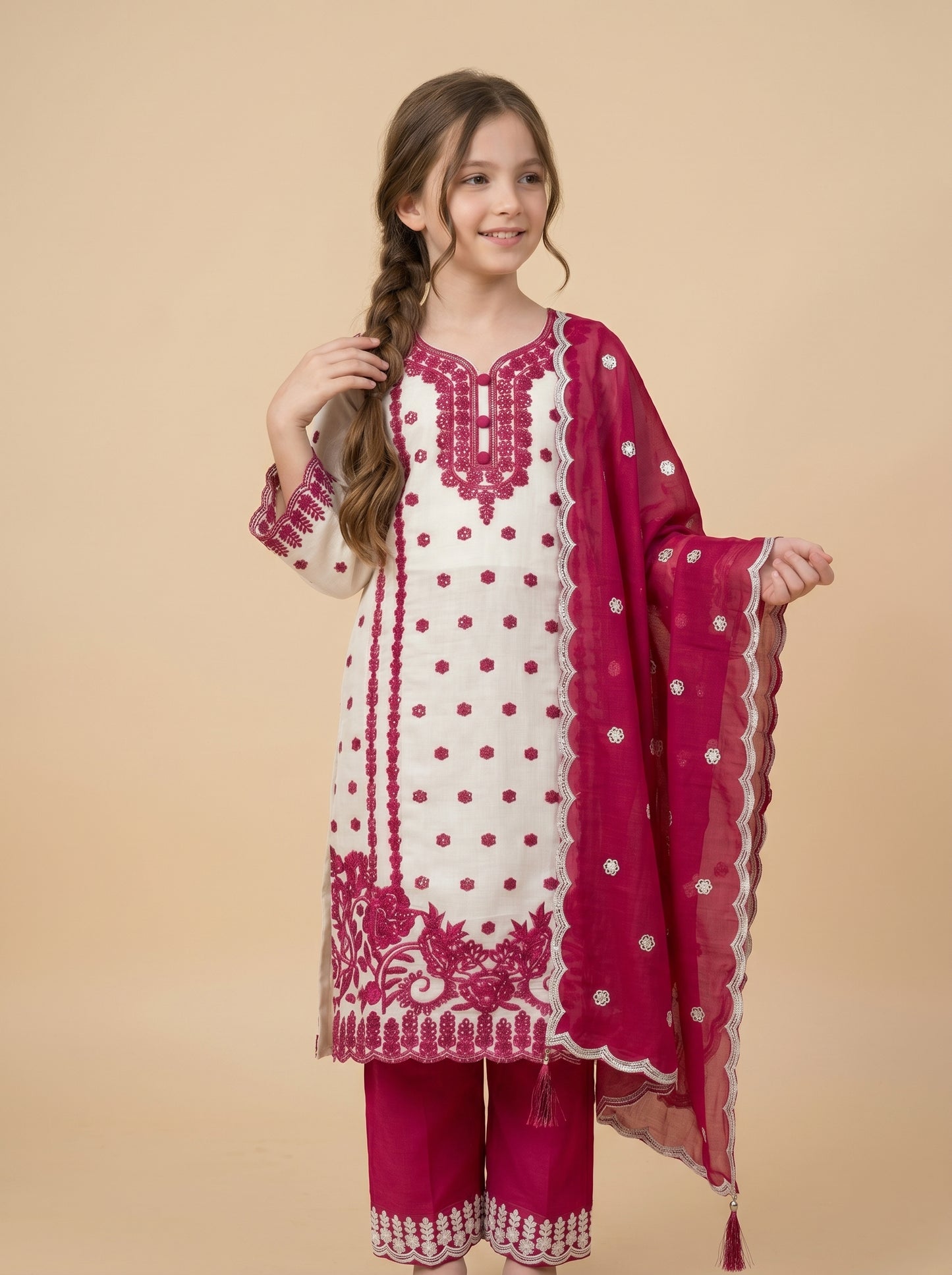 Cotton Embroidery Kurti Set 1600 White