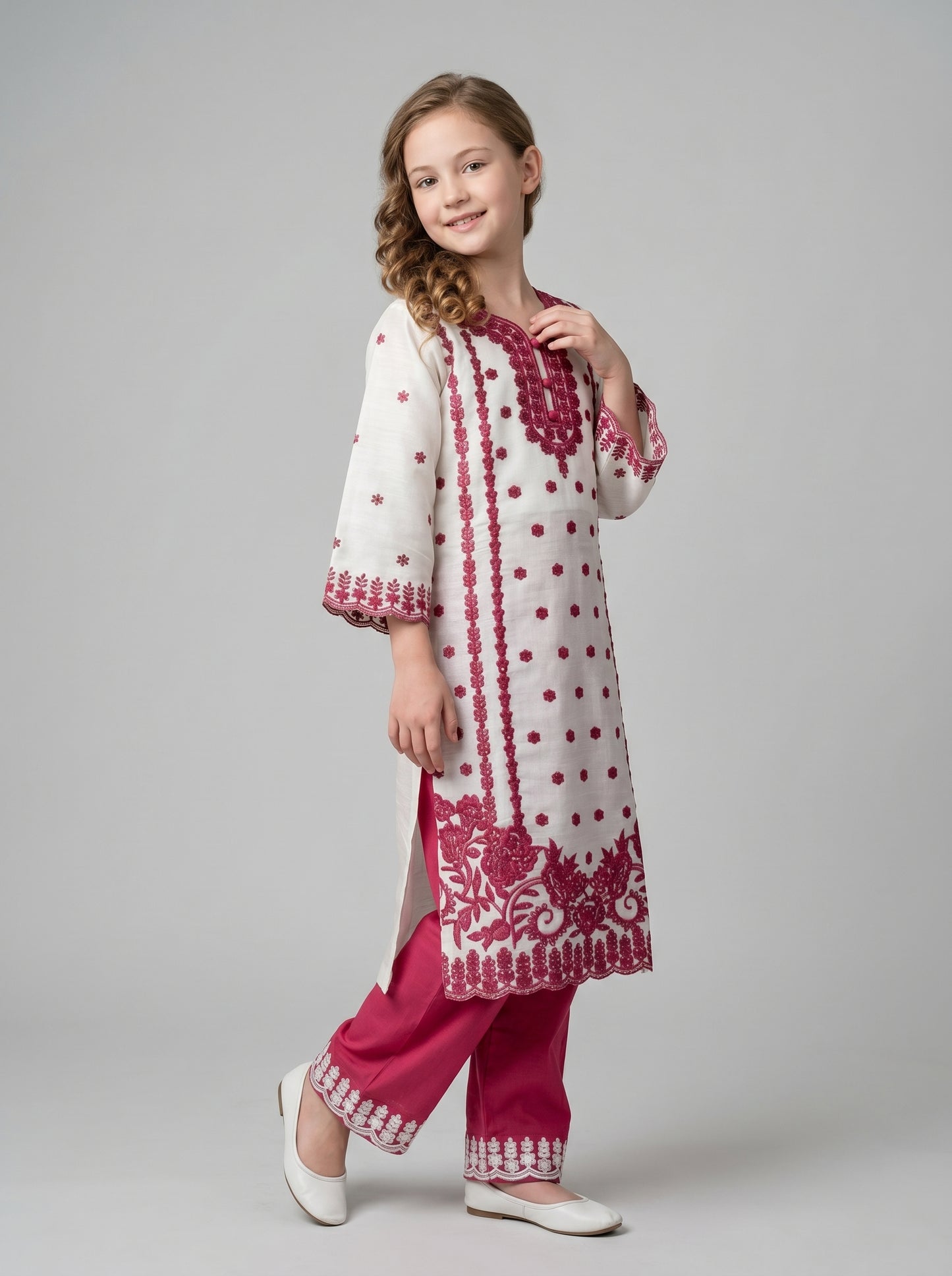 Cotton Embroidery Kurti Set 1600 White
