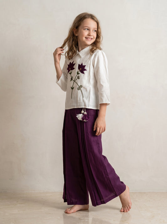 Cotton Embroidery Plazo Set 1601 White And Wine