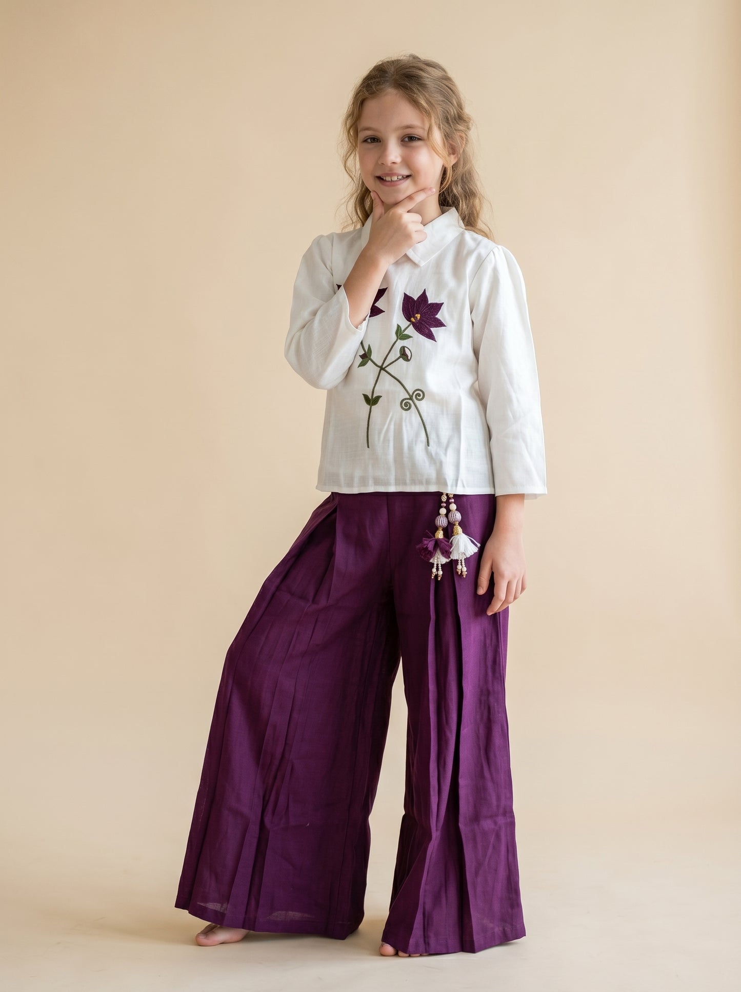 Cotton Embroidery Plazo Set 1601 White And Wine