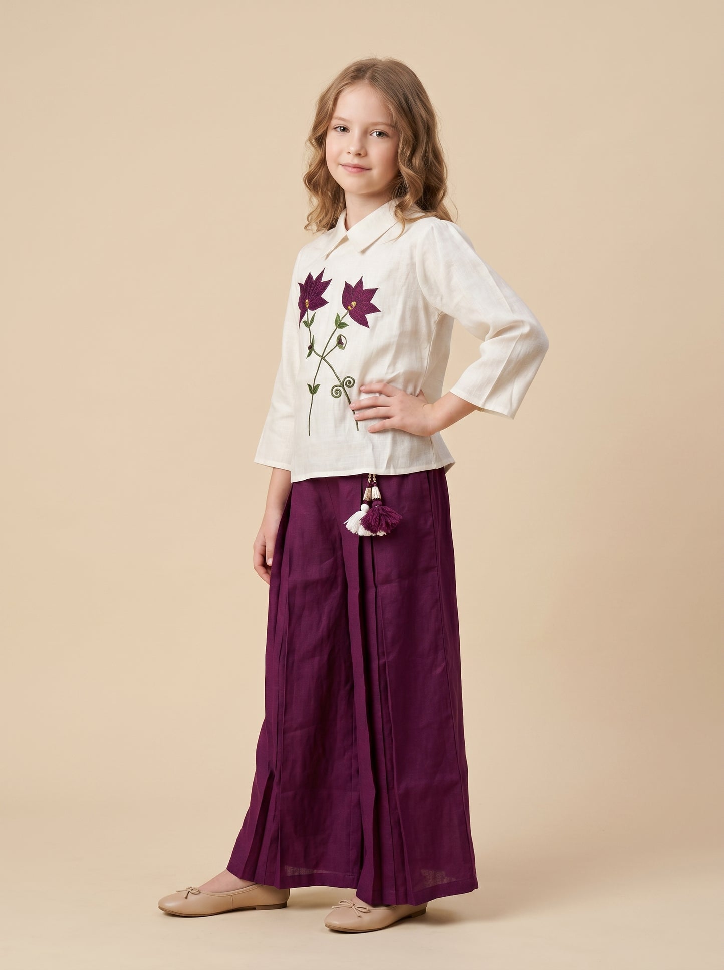 Cotton Embroidery Plazo Set 1601 White And Wine