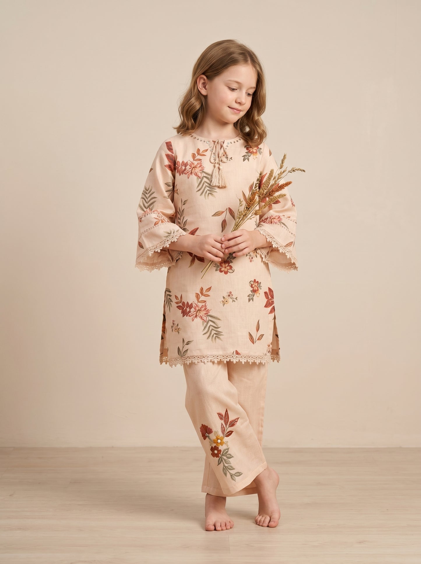 Cotton Mix Printed Kurti Set 1603 Beige