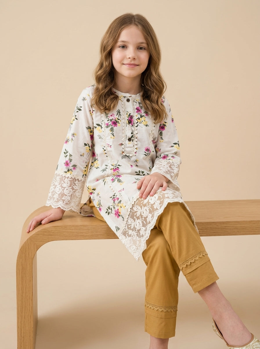 Cotton Printed Kurti Set 1604 White