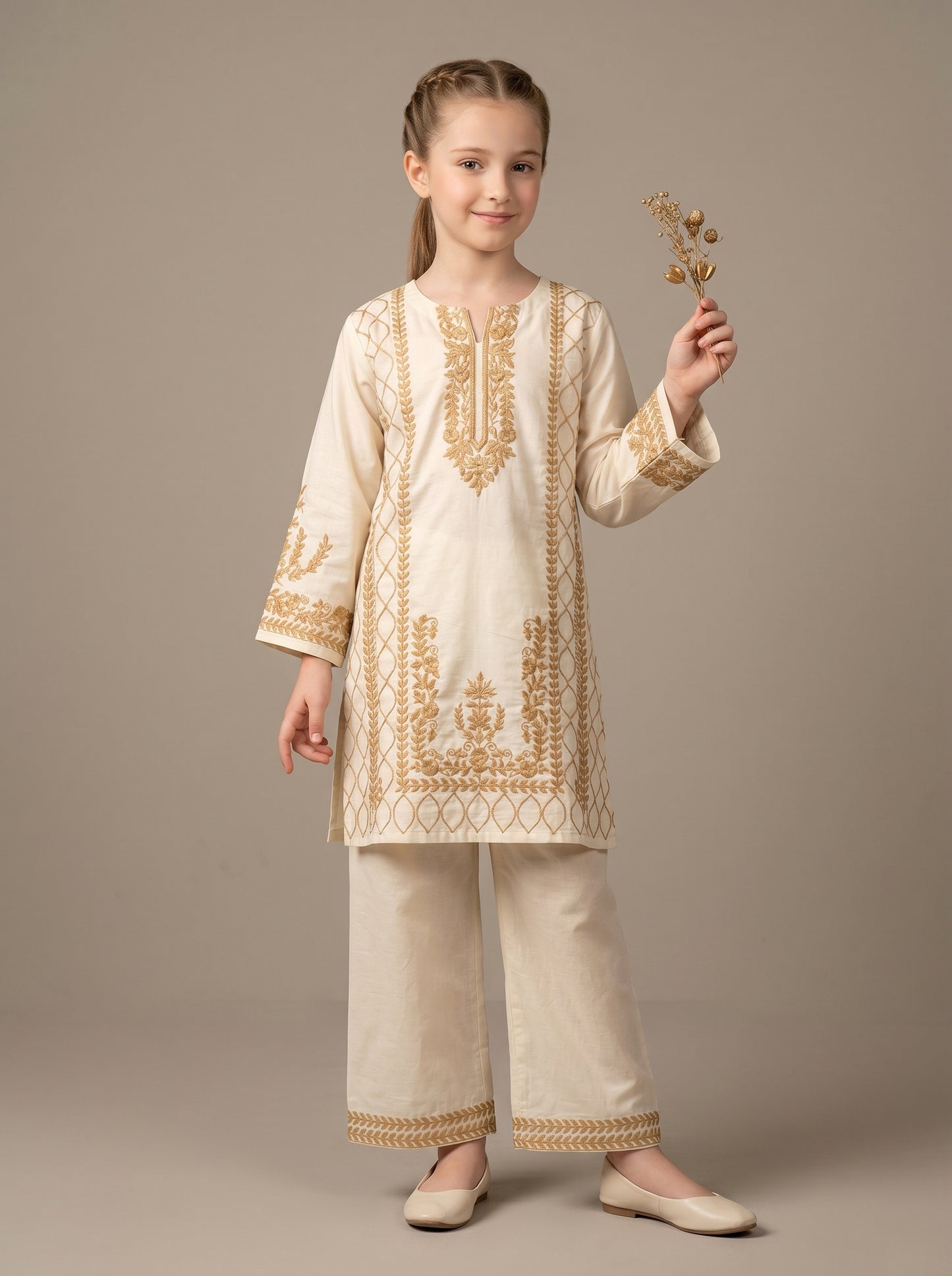 Cotton Embroidery Kurti Set 1605 Cream