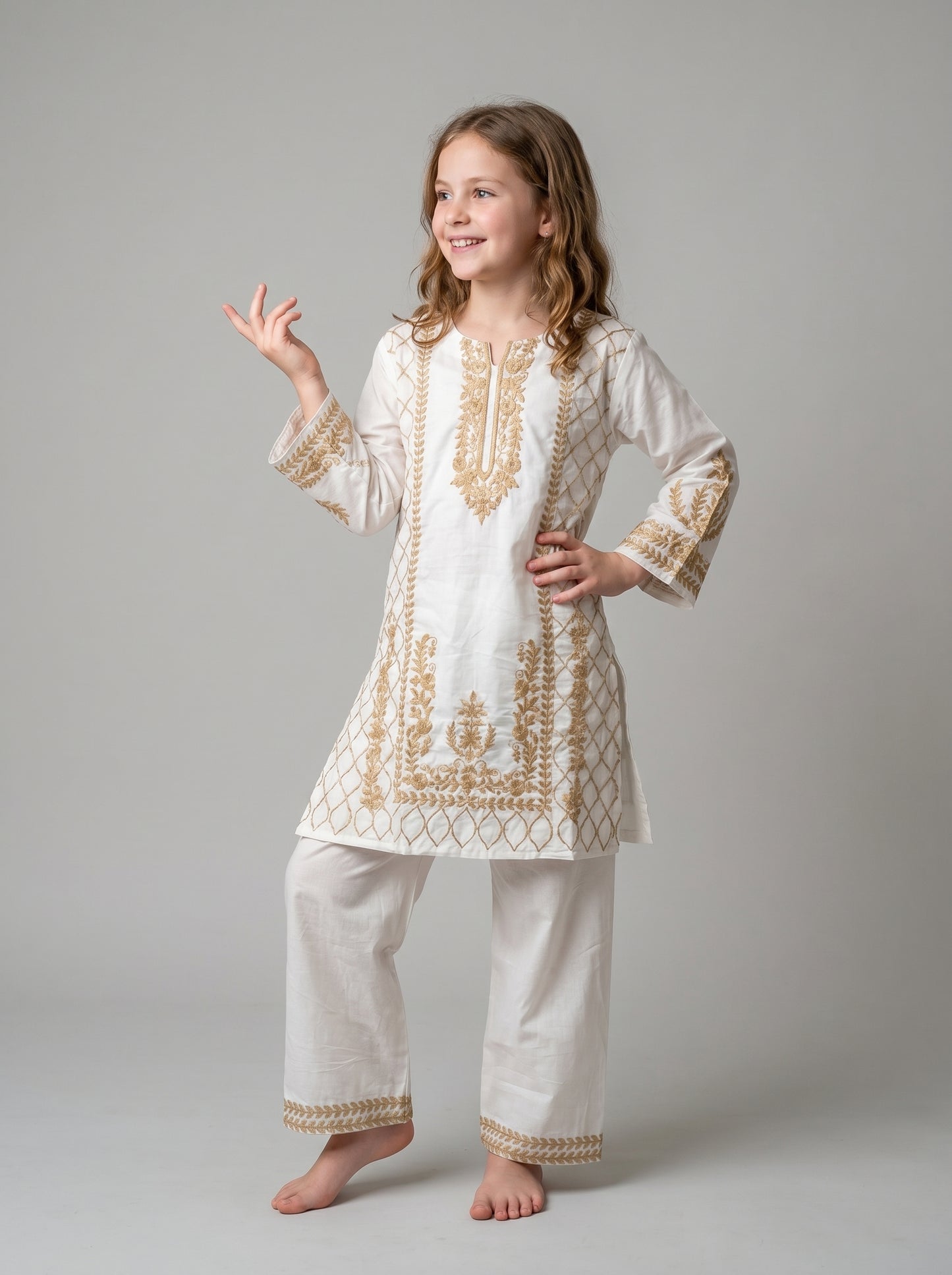Cotton Embroidery Kurti Set 1605 Cream