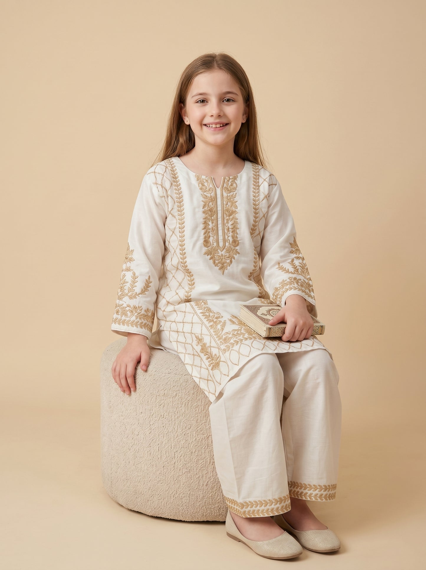 Cotton Embroidery Kurti Set 1605 Cream