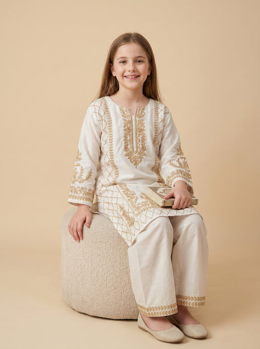 Cotton Embroidery Kurti Set 1605 Cream