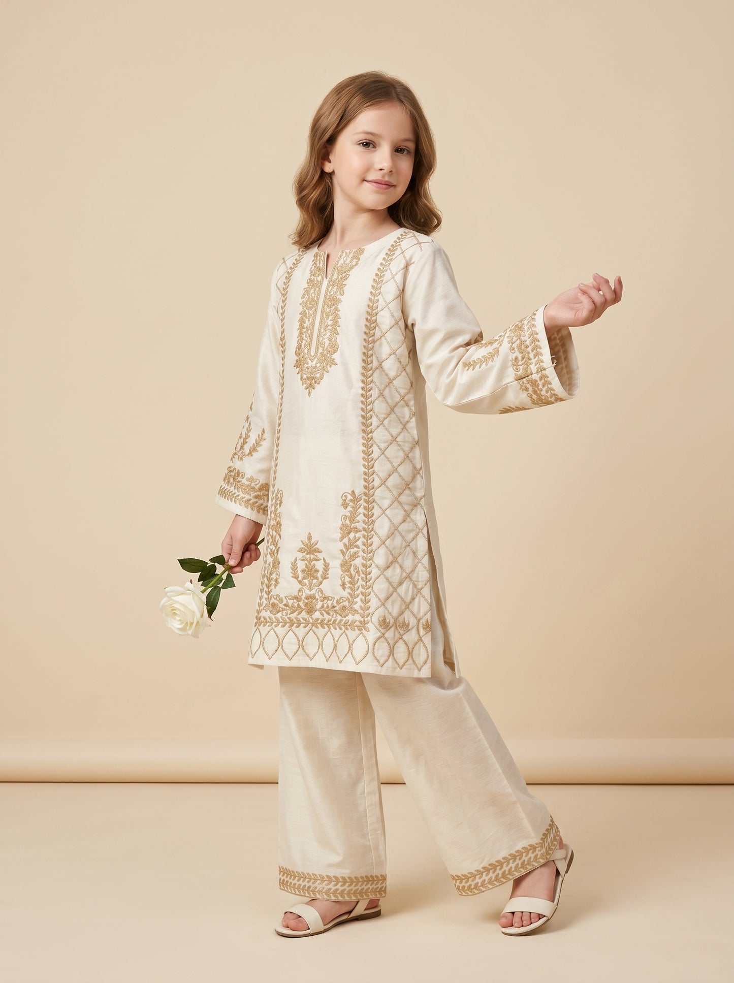 Cotton Embroidery Kurti Set 1605 Cream