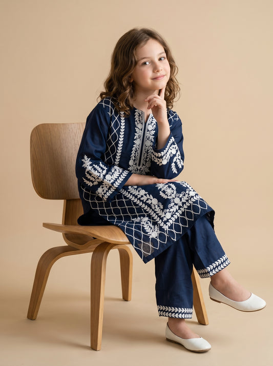 Cotton Embroidery Kurti Set 1607 Blue