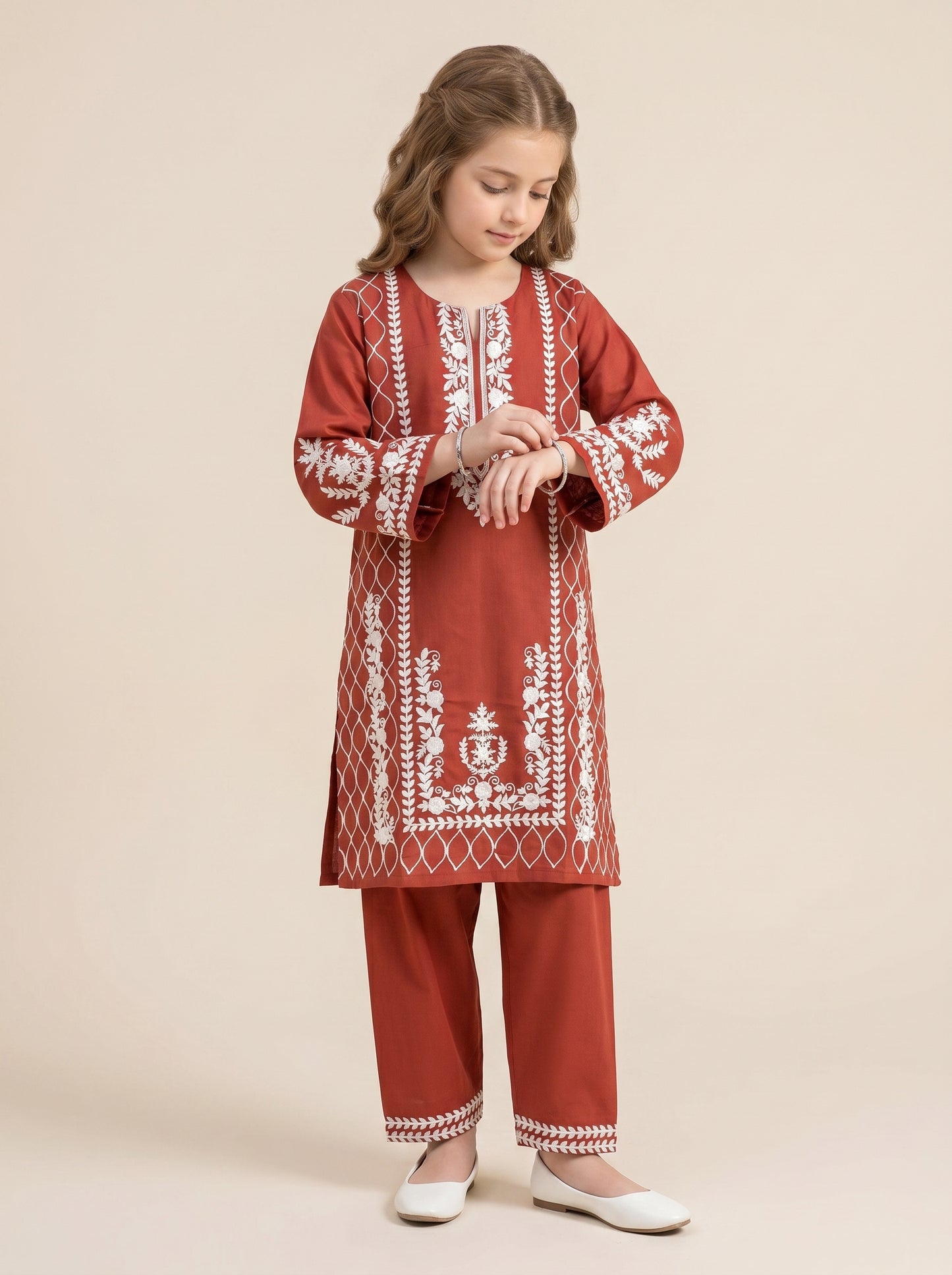 Cotton Embroidery Kurti Set 1609 Orange