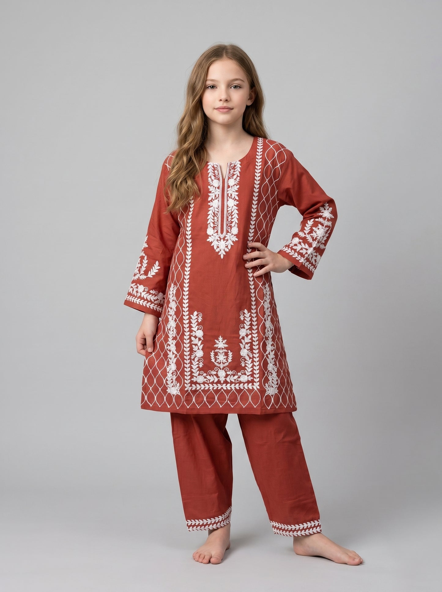 Cotton Embroidery Kurti Set 1609 Orange