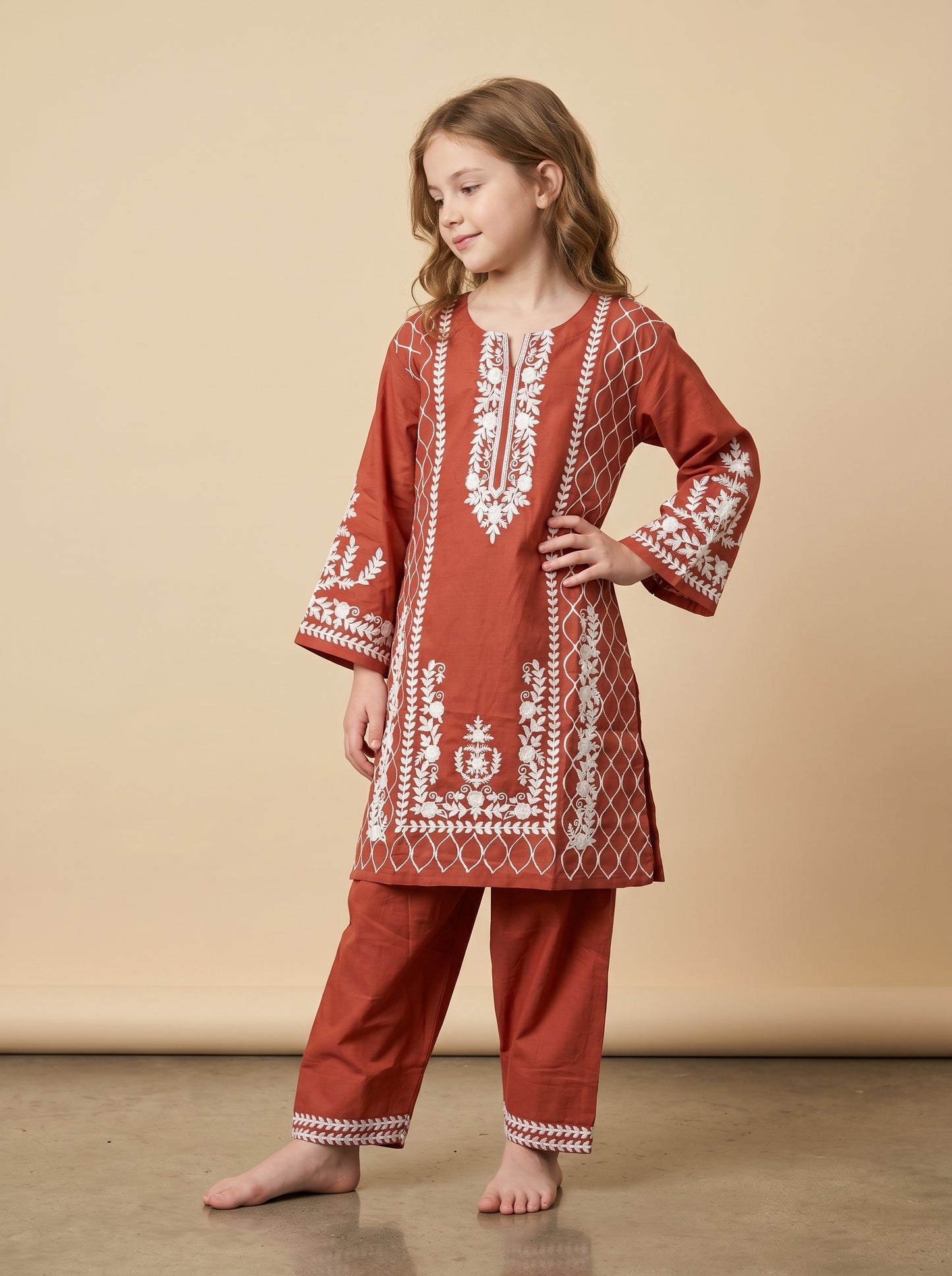 Cotton Embroidery Kurti Set 1609 Orange