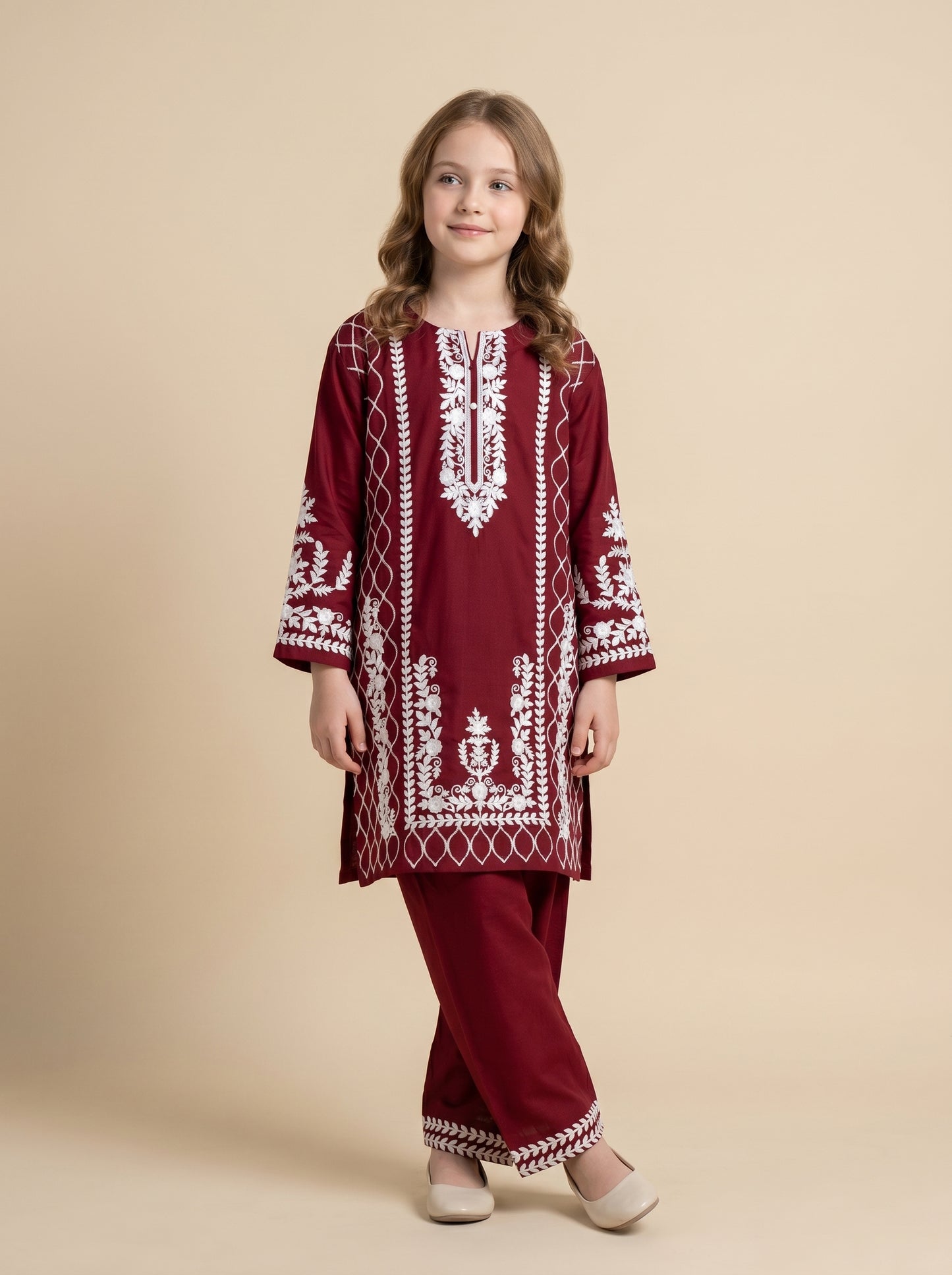 Cotton Embroidery Kurti Set 1610 Maroon
