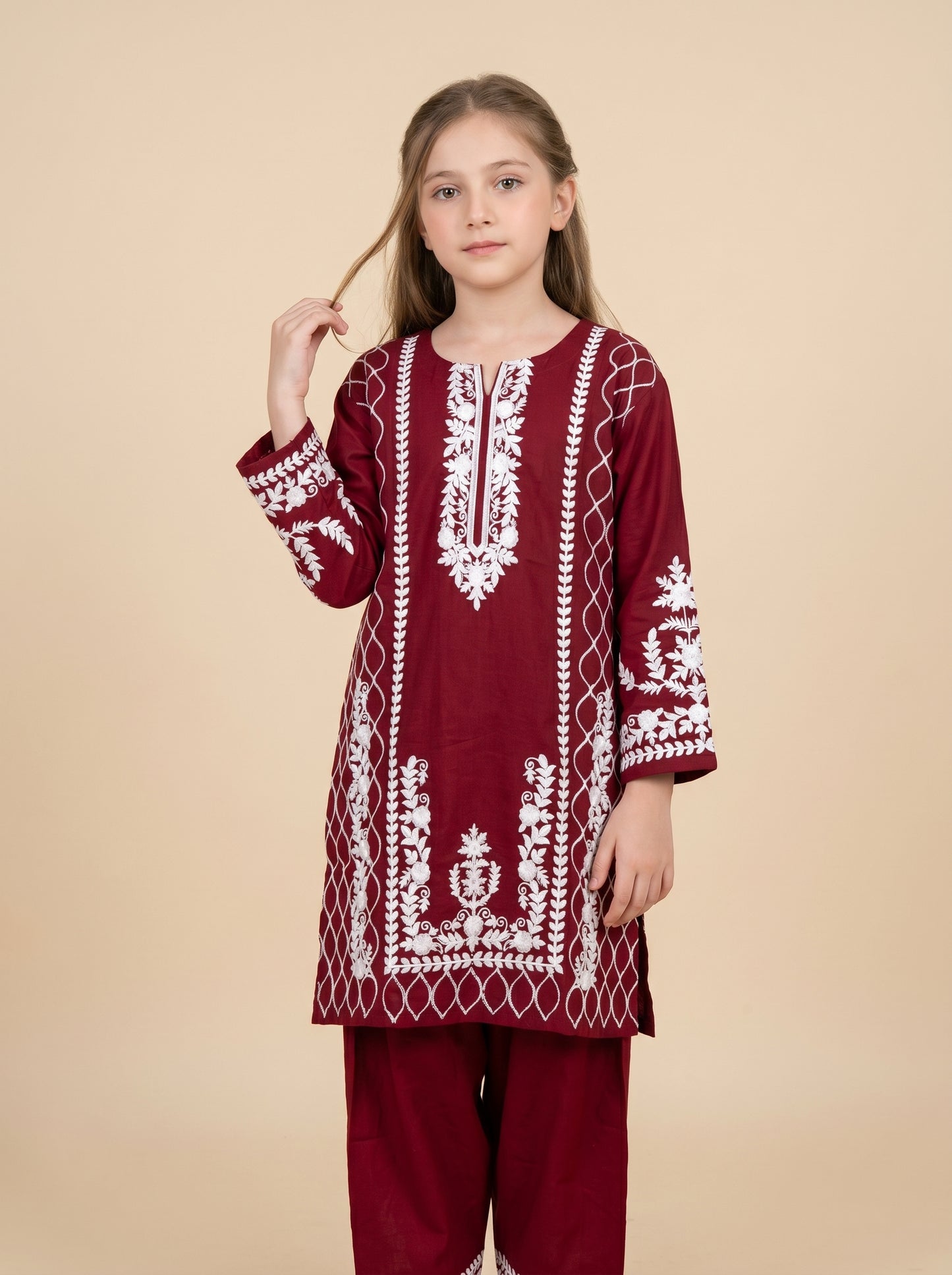 Cotton Embroidery Kurti Set 1610 Maroon