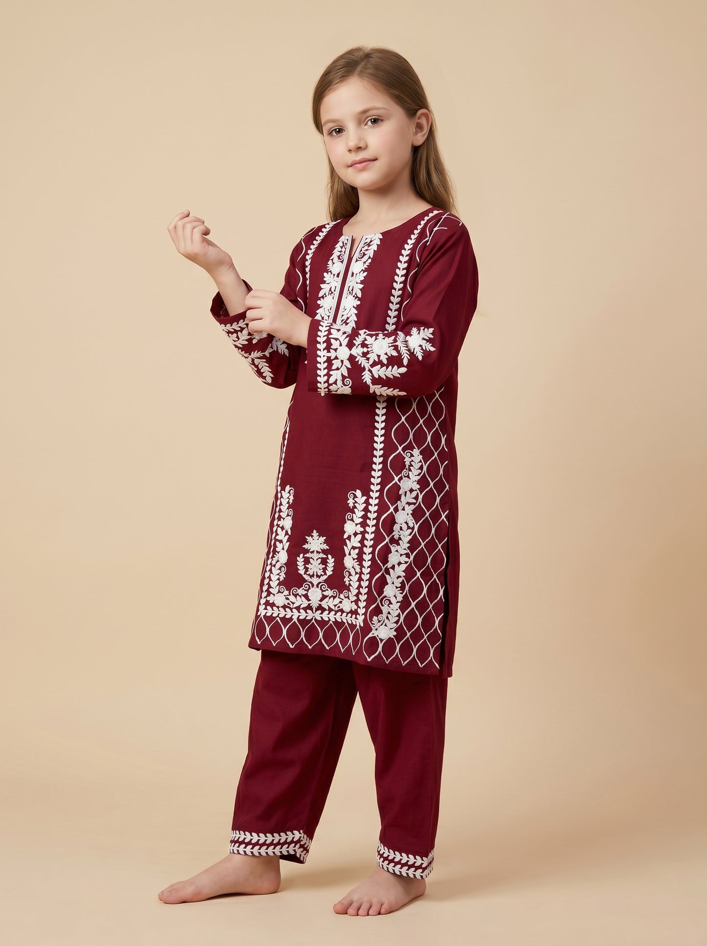 Cotton Embroidery Kurti Set 1610 Maroon