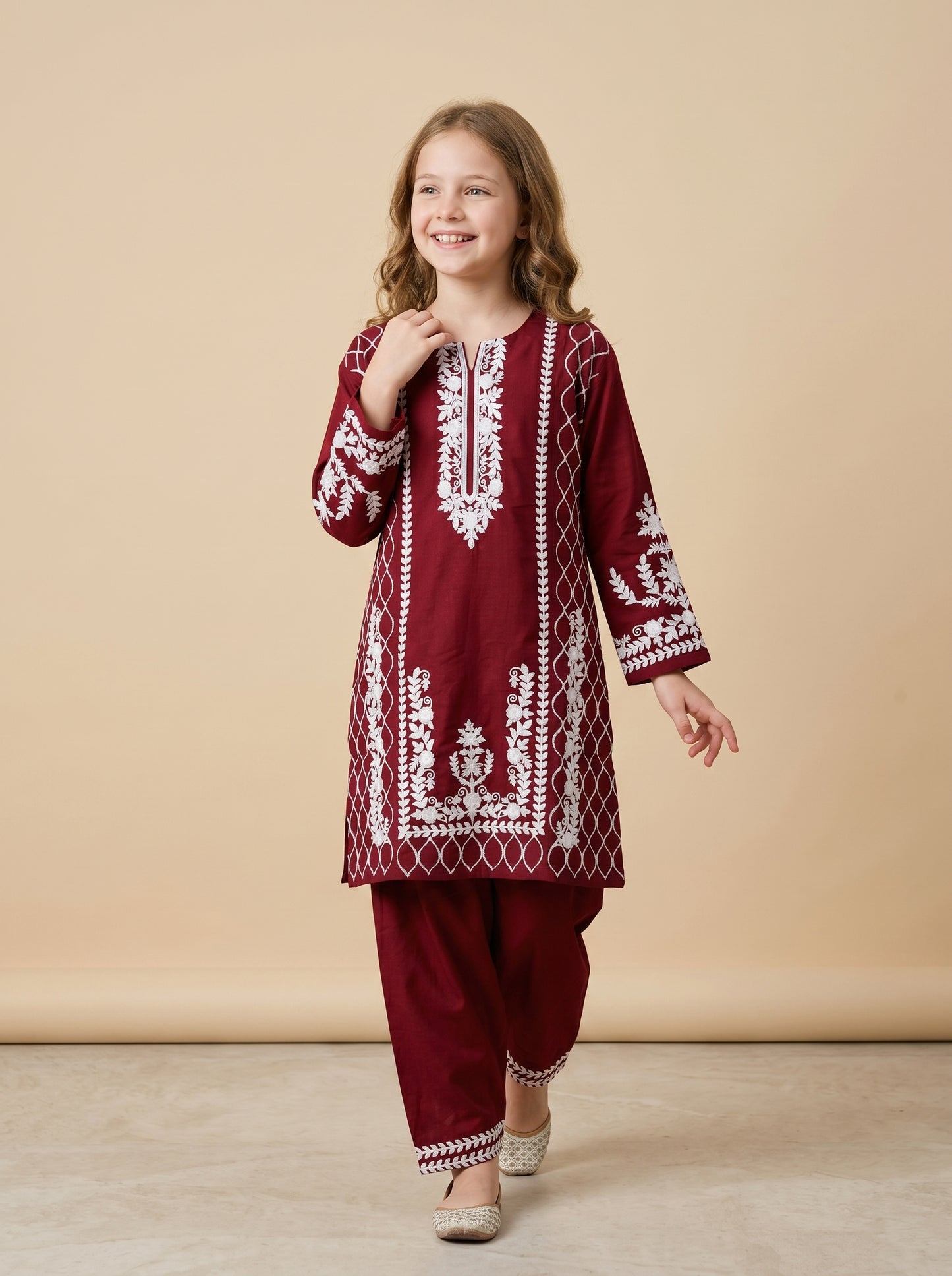 Cotton Embroidery Kurti Set 1610 Maroon