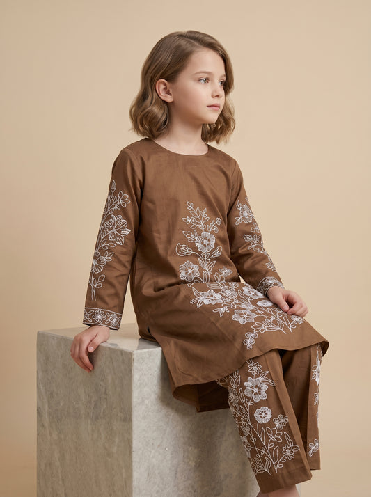 Cotton Embroidery Kurti set 1613 Brown
