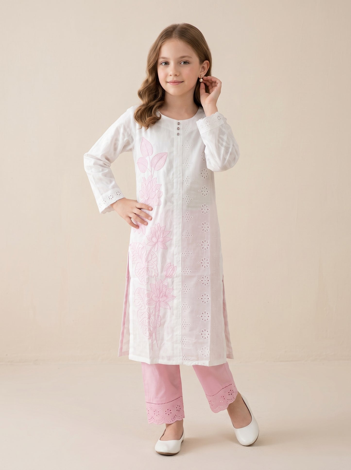 Cotton Embroidery Kurti Set 1617 Pink