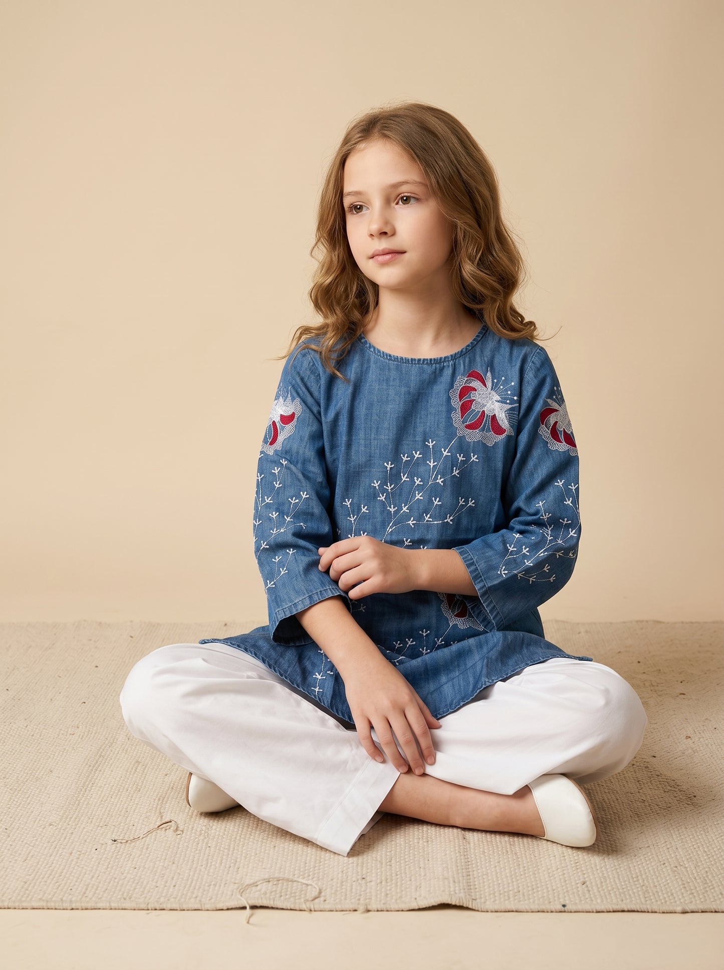 Cotton Embroidery Denim Tunic set 1620 light Blue